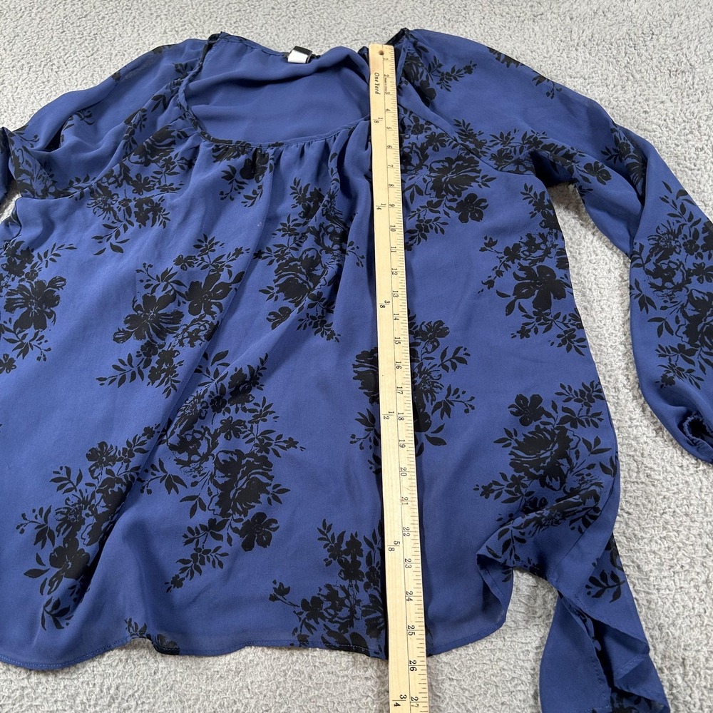 Torrid Shirt Womens 2 Blue Black Floral Sheer Long Sleeve Split Back Blouse - Picture 9 of 16